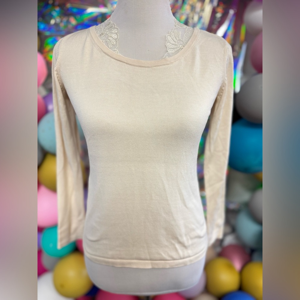 J.Jill Women’s Silk Blend Long Sleeve Top Lace Inset Cream‎ Ivory Size XS